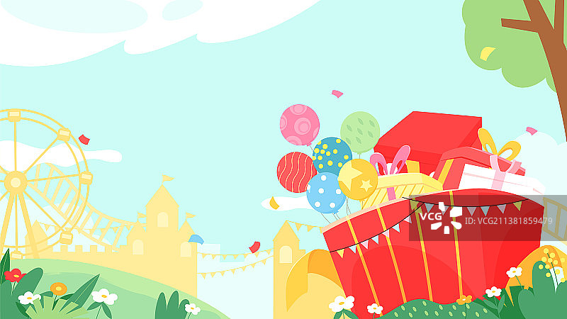 礼盒和游乐场手绘插画背景横图图片素材