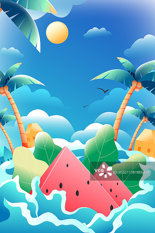 卡通夏季夏天购物电商促销优惠网购消费下午茶美食餐饮奶茶送礼出游旅游游泳度假大暑节气假日渐变矢量插画图片素材