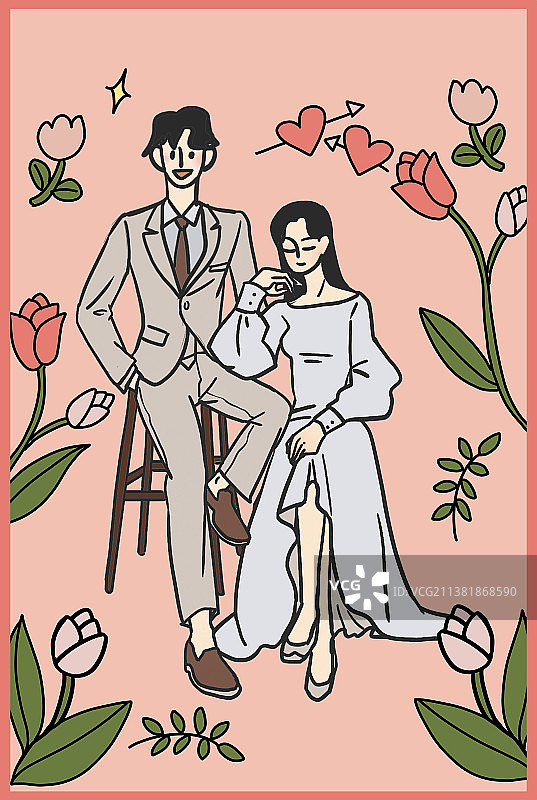 漫画插画婚礼请柬封面夫妻婚纱照花环图片素材