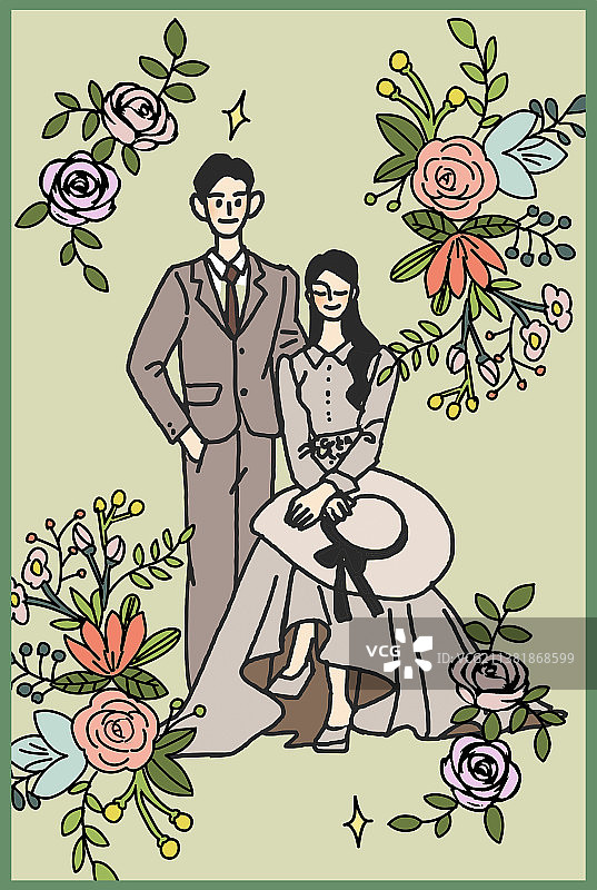 漫画插画婚礼请柬封面夫妻婚纱照花环图片素材