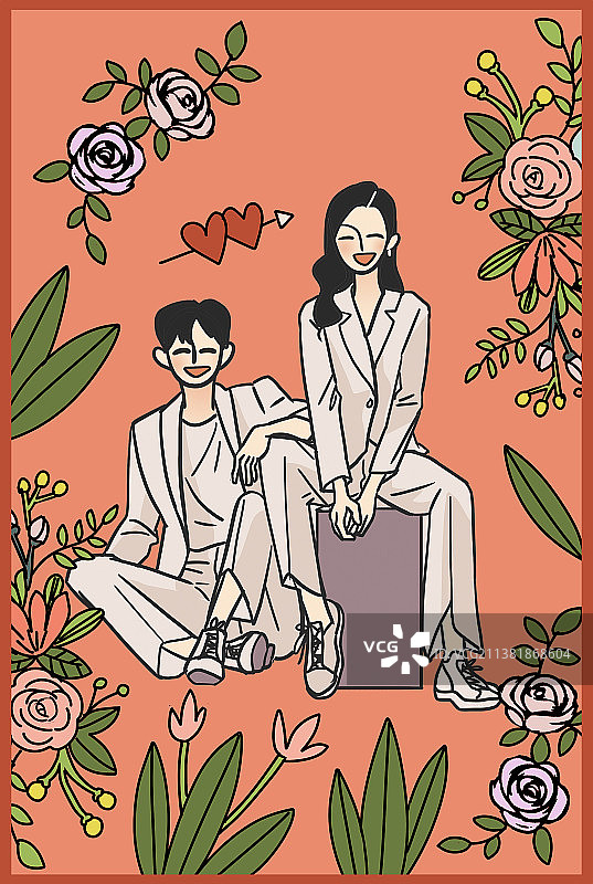 漫画插画婚礼请柬封面夫妻婚纱照花环图片素材