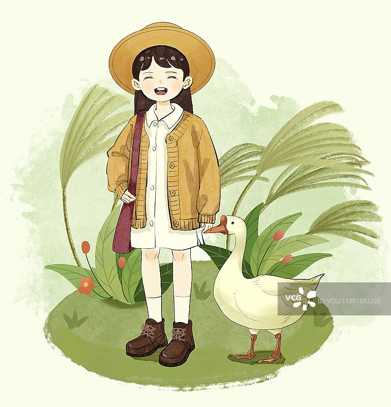 绿色草地上戴草帽郊游的快乐女孩图片素材