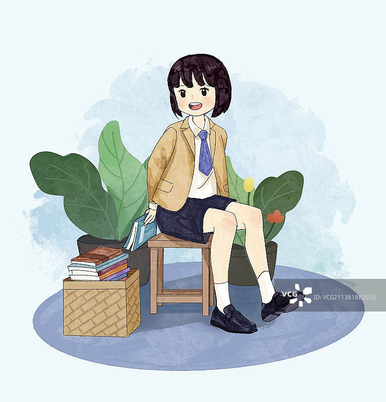 坐在凳子上手里拿书喜欢阅读的小女孩图片素材