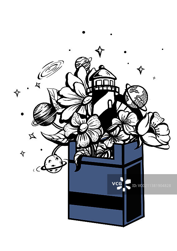 灯塔海洋花卉小插画图片素材