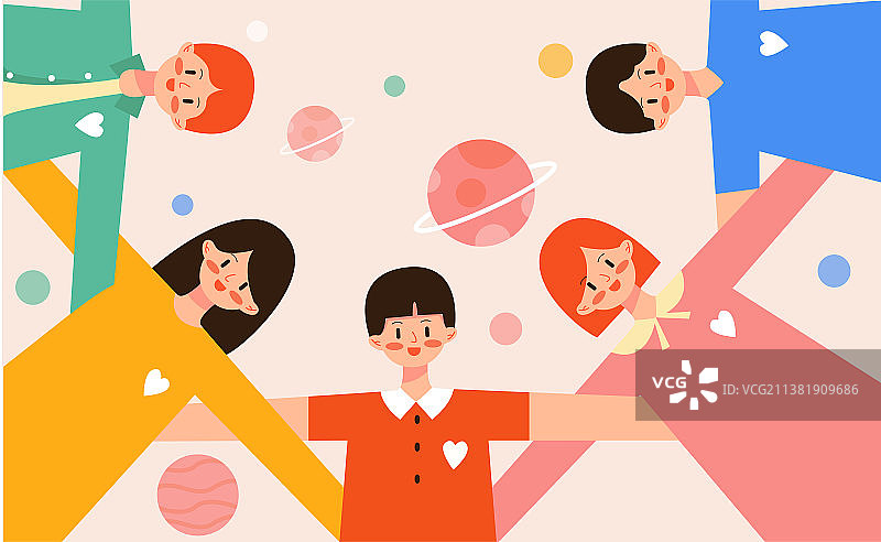 儿童节五个孩子拥抱插画图片素材