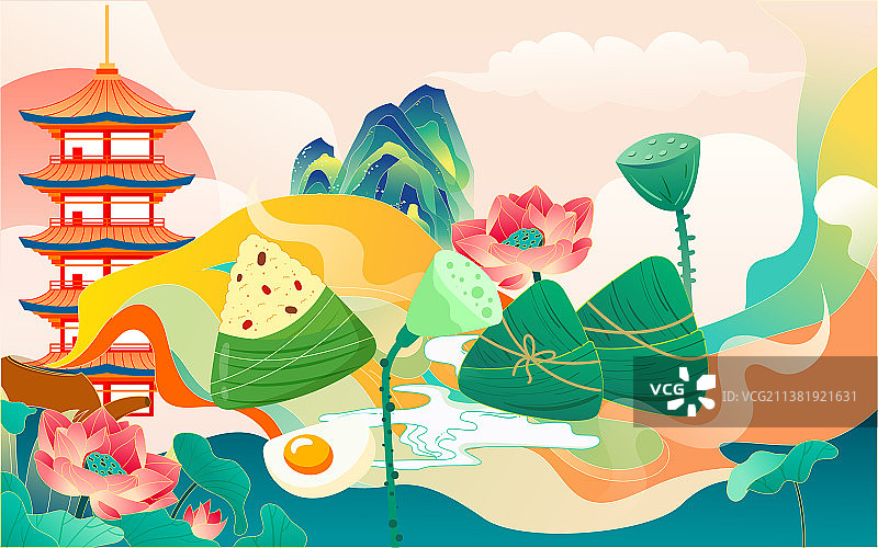 五月初五端午节快乐卡通粽子赛龙舟国潮插画图片素材