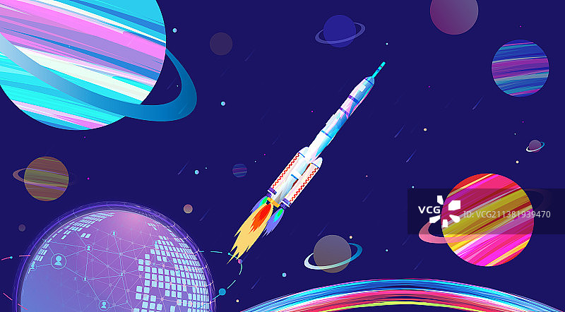 地球上航天火箭飞船发射到宇宙天空的插画图片素材