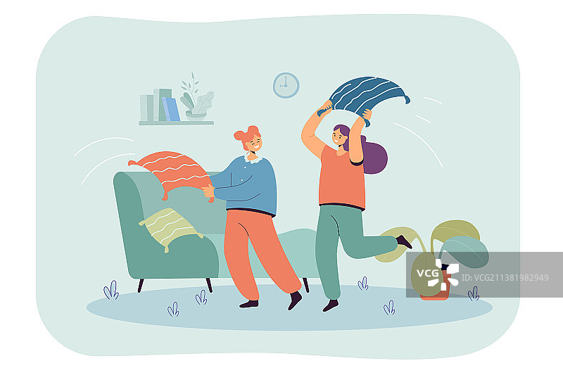 卡通女孩在客厅里用枕头打架图片素材