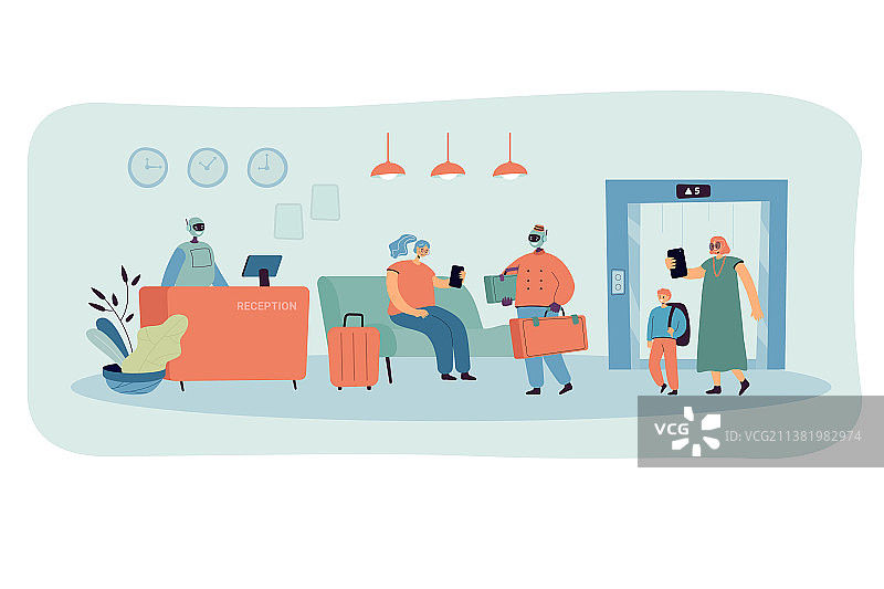 卡通酒店大堂内景与机器人工作人员图片素材