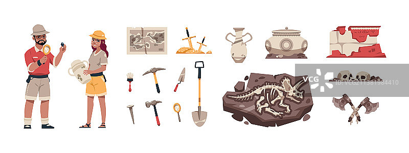 卡通古生物学古代骨骼化石图片素材