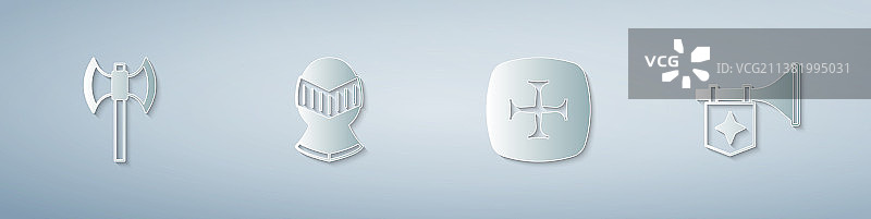 中世纪长柄斧、头盔、十字军与喇叭图片素材