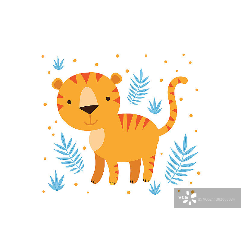 老虎和热带树叶图片素材