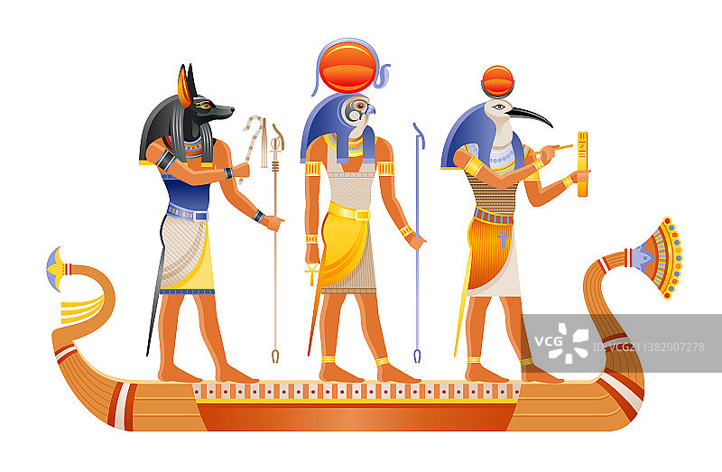 带有古代神灵拉、阿努比斯、托特的埃及船图片素材