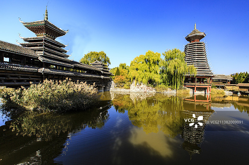 北京中华民族博物院（中华民族园）北园：侗族景区风雨桥、鼓楼图片素材