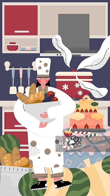 美食 烘焙 厨房 女孩 扁平 积极 插画图片素材