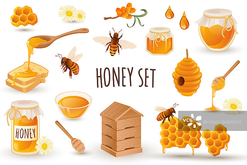 逼真3D设计的蜂蜜生产图标集图片素材