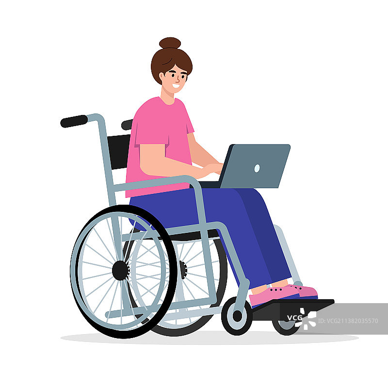 坐在轮椅上使用笔记本电脑的快乐残疾妇女图片素材