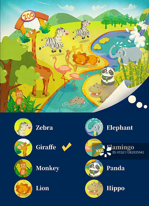 肌理插画英语动物园猴子长颈鹿斑马狮子河马熊猫火烈鸟大象瀑布儿童插画学习单词图片素材