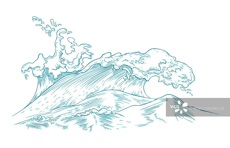 风暴中蓝色海洋或海浪线条草图图片素材