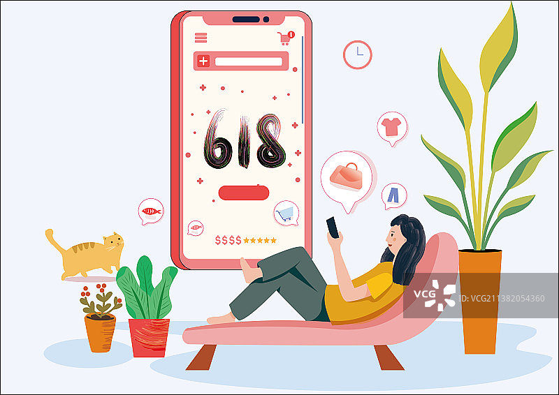 矢量插画年中盛典618电商购物节 躺沙发上拿手机购物的女人图片素材