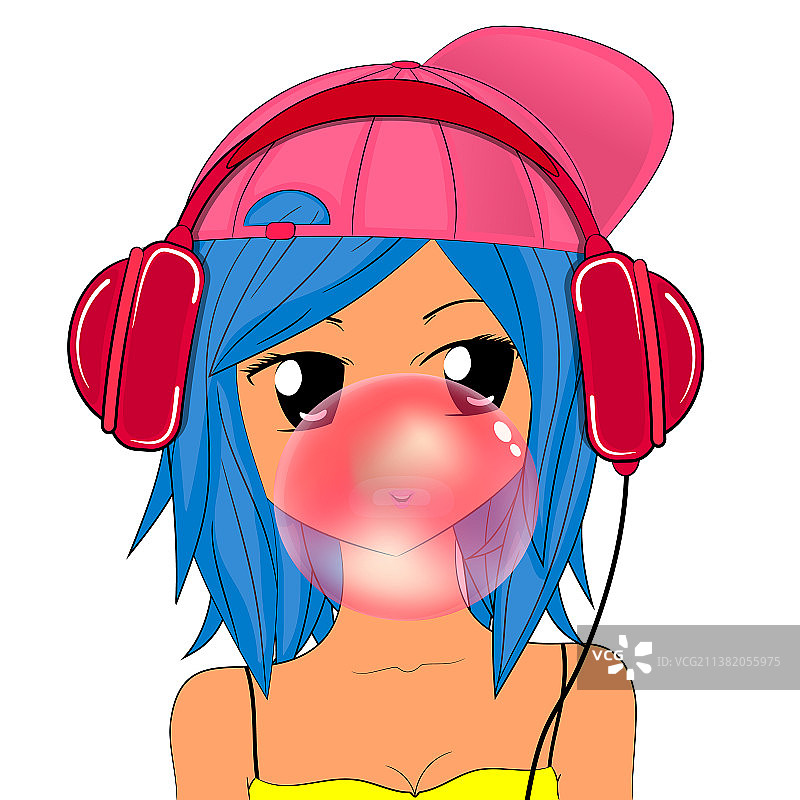 戴着耳机吹泡泡糖的女孩图片素材