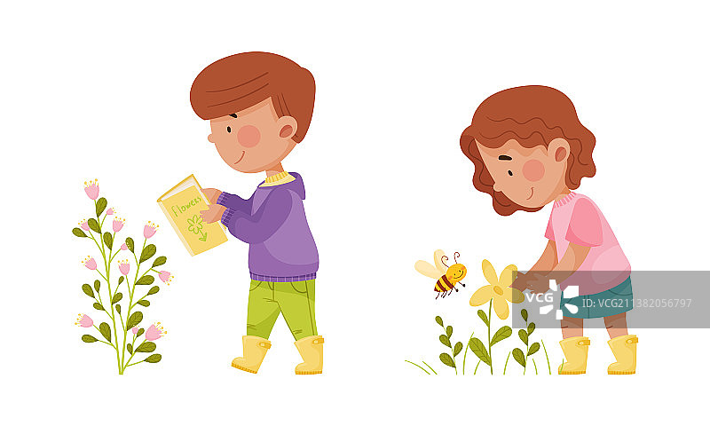 可爱的孩子们在森林里探索植物和昆虫图片素材