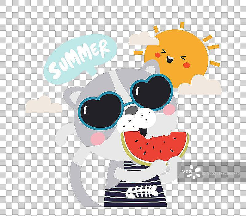 可爱夏日吃西瓜小猫动物插画图片素材