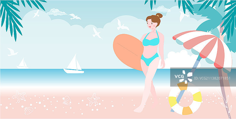 横版海滩背景拿着冲浪板的女孩图片素材
