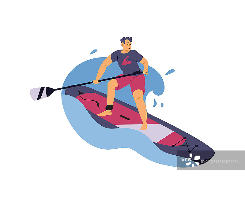 在蓝色海面上玩桨板的年轻运动男子图片素材