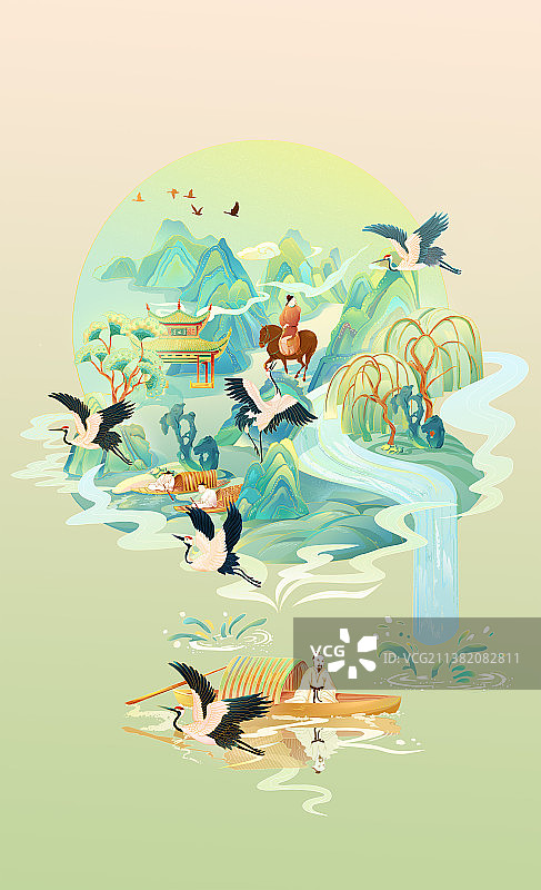 节日节气国风国潮风骑马古人踏青游船插画图片素材