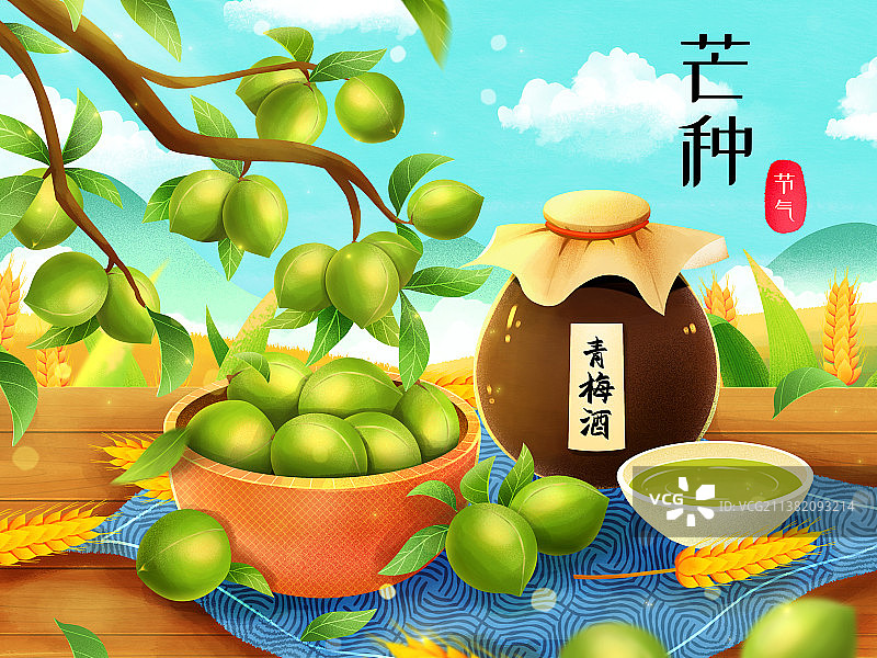 夏天芒种青梅青梅酒插画图片素材
