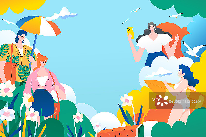 卡通夏季夏天情侣学生邀请好友送礼娱乐休闲电商促销出游旅游旅行自然风景度假划船景点活动矢量插画图片素材