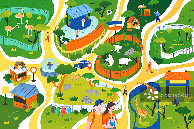 卡通夏季夏天亲子游儿童节父亲节母亲节景点旅行夏令营度假休闲娱乐暑假动物园自然风景矢量插画图片素材