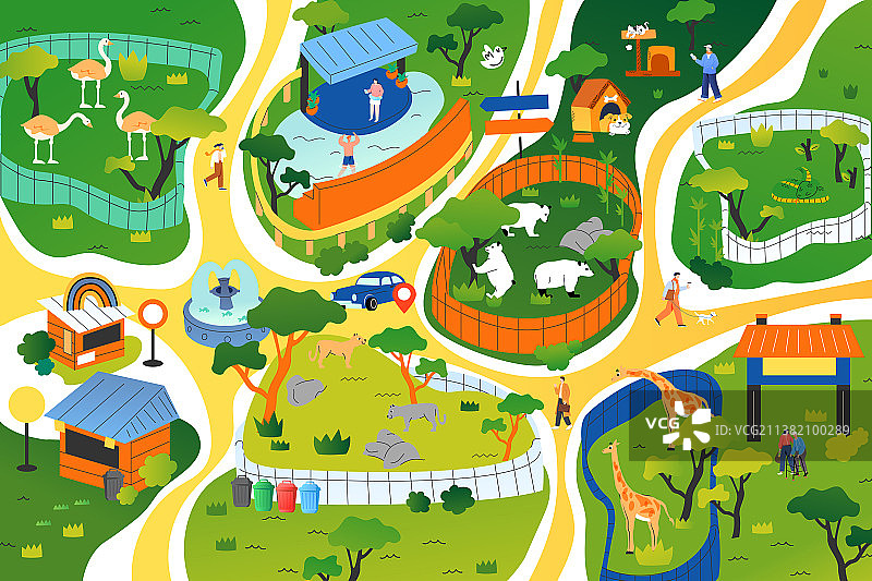 卡通夏季夏天亲子游儿童节父亲节母亲节景点旅行夏令营度假休闲娱乐暑假动物园自然风景矢量插画图片素材