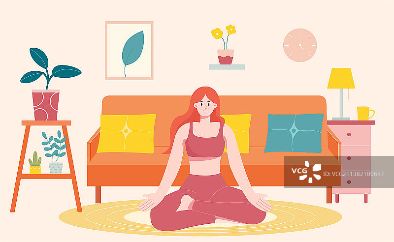 可爱的女生盘腿坐在客厅或公寓里练习瑜伽图片素材