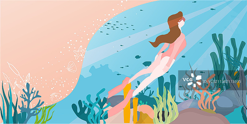 在海洋植物中潜水的女孩图片素材