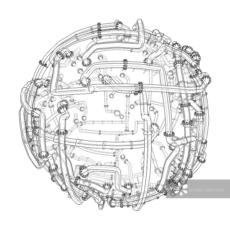 带有法兰的管道环绕着一个大球体图片素材