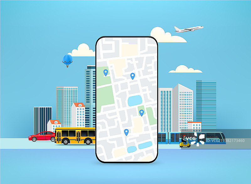 带有城市地图和指针地图应用程序的智能手机图片素材