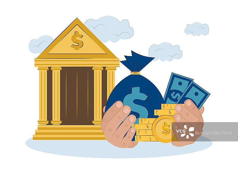 手持金钱与银行大楼图片素材