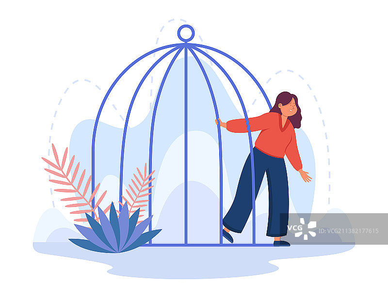 离开鸟笼的年轻卡通女人图片素材