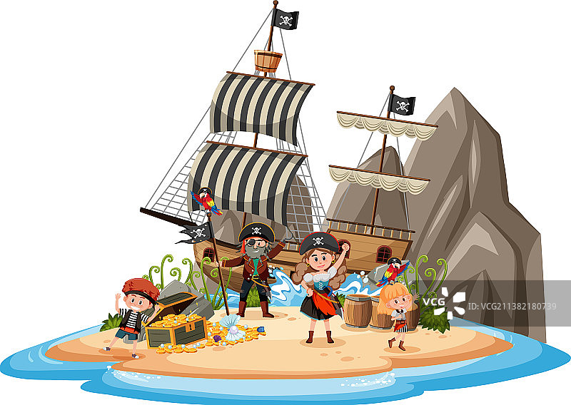 岛屿上的海盗船和孩子们图片素材