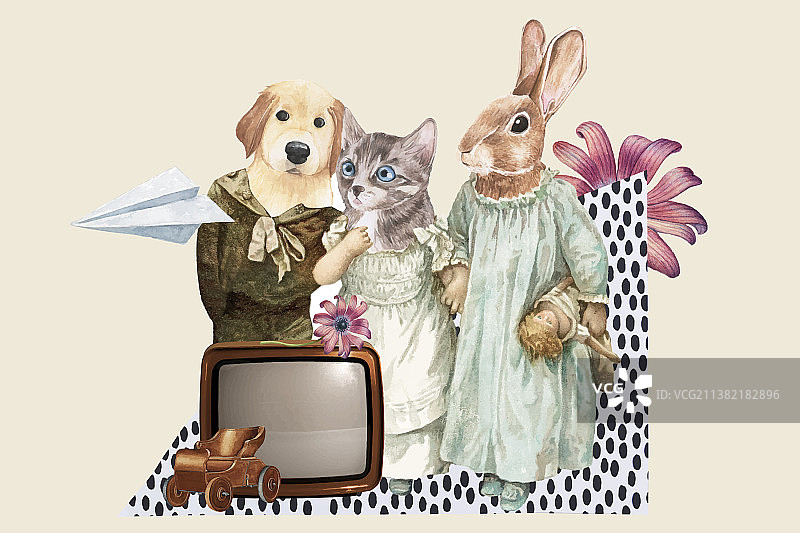 复古拼贴风可爱动物混合媒体图片素材