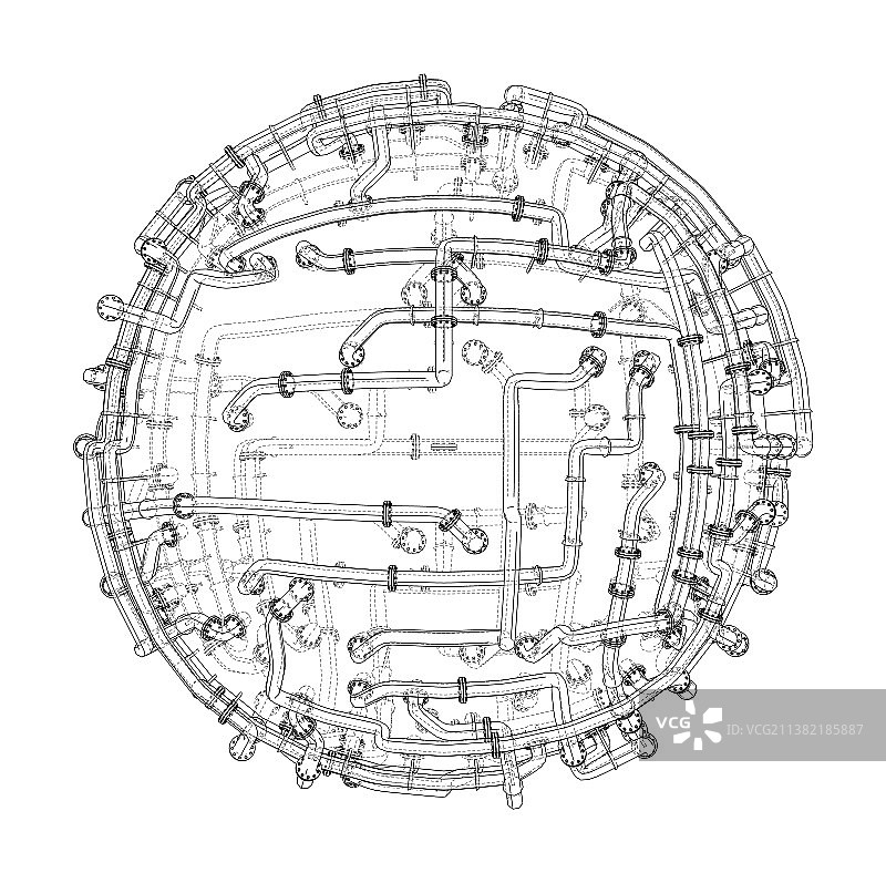 带有法兰的管道环绕着一个大球体图片素材