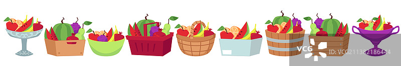 篮子、碗和盒子中的水果扁平合集图片素材