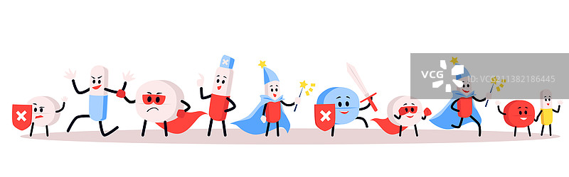 卡通药丸和药物角色扁平化设计图片素材