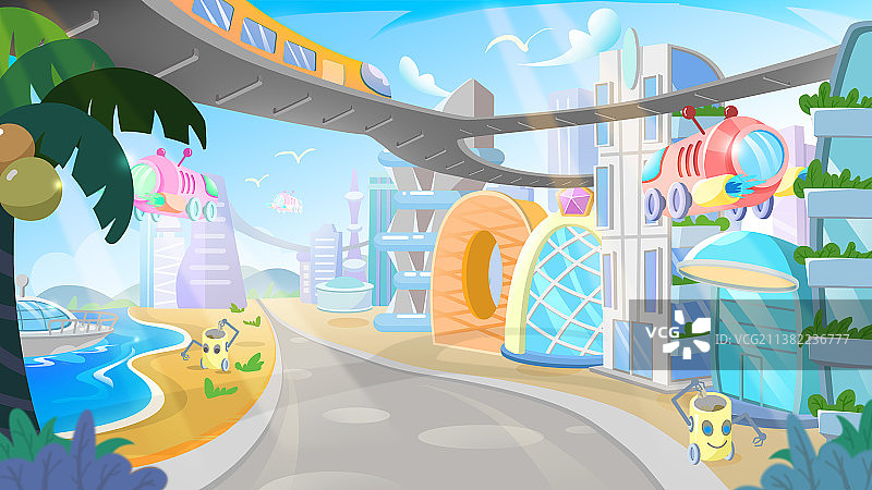 插画未来城市飞船海滩建筑概念科技感图片素材