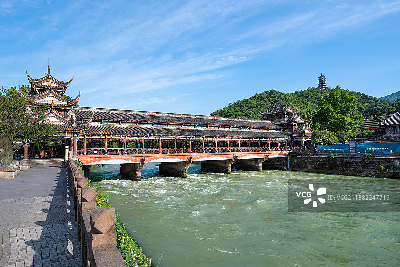 成都市都江堰景区南桥古镇白昼清晨日出图片素材