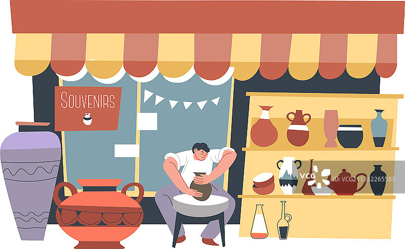 出售陶器和旧餐具的纪念品商店图片素材