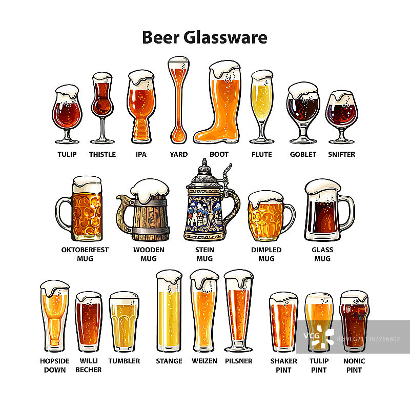多种啤酒杯和马克杯组合图片素材