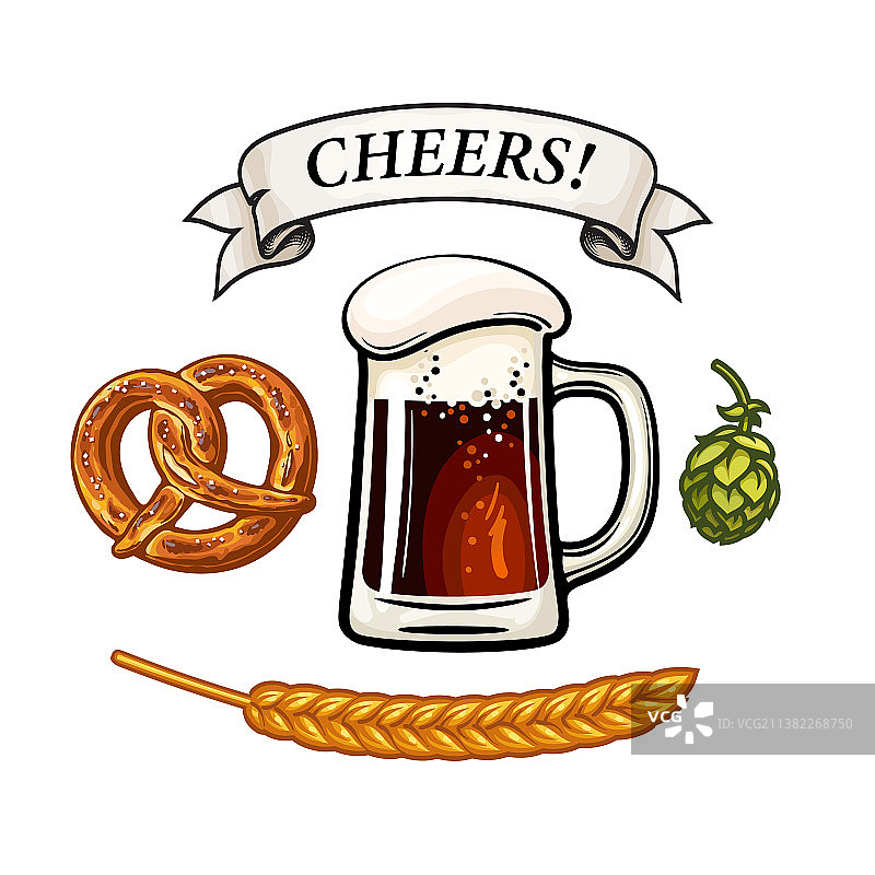 啤酒杯、巴伐利亚椒盐卷饼与啤酒花图片素材